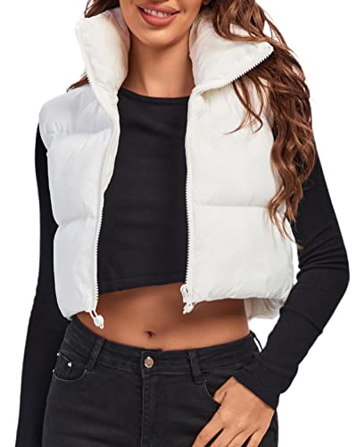 fuinloth Damen Weste Kurz Stehkragen Steppweste Warm Winter Crop Puffer Weste mit Reißverschluss Ärmellose Übergangsweste Weiß XL von fuinloth