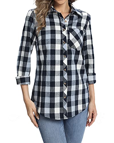 fuinloth Hemd Damen Kariert Trachtenbluse Plaid Langarmshirt Flanell Bluse Elegant Oberteile aus Baumwolle Blau L 38-40 von fuinloth