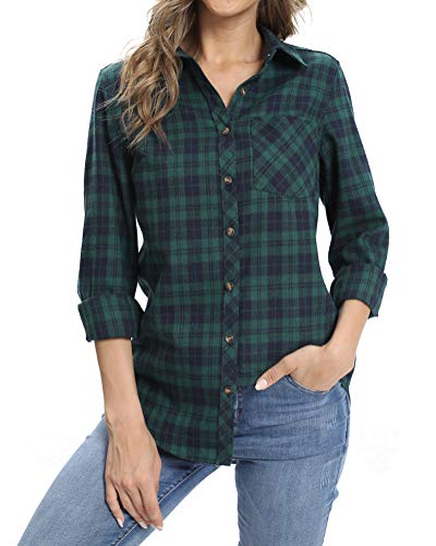 fuinloth Hemd Damen Kariert Trachtenbluse Plaid Langarmshirt Flanell Bluse Elegant Oberteile aus Baumwolle Grün XS 32-34 von fuinloth