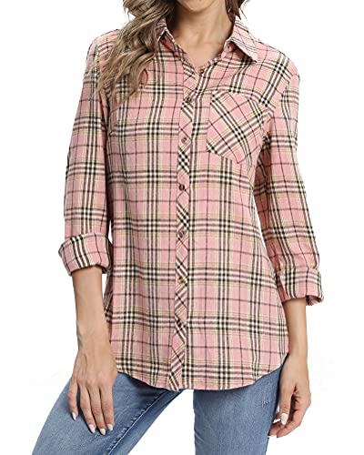 fuinloth Hemd Damen Kariert Trachtenbluse Plaid Langarmshirt Flanell Bluse Elegant Oberteile aus Baumwolle Rosa M 36-38 von fuinloth