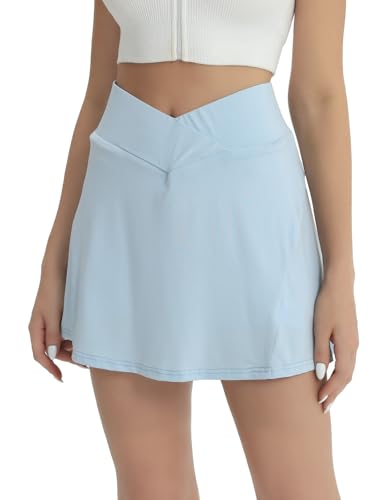 fuinloth Tennisrock Damen Tennis Skort Hohe Taille 2in1 Sportrock Innenhose Frauen Rockhose Golfröcke Mini Sommerrock mit Taschen Blau S 34-36 von fuinloth