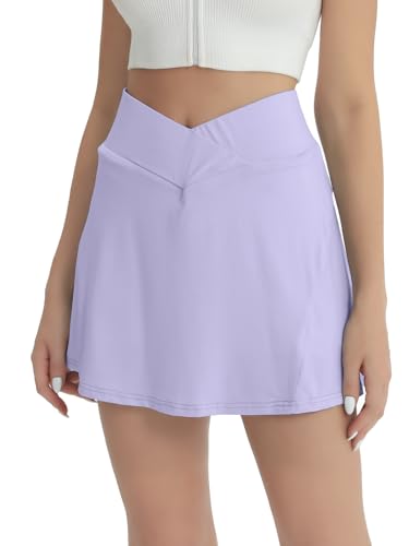 fuinloth Tennisrock Damen Tennis Skort Hohe Taille 2in1 Sportrock Innenhose Frauen Rockhose Golfröcke Mini Sommerrock mit Taschen Lila XS 32-34 von fuinloth