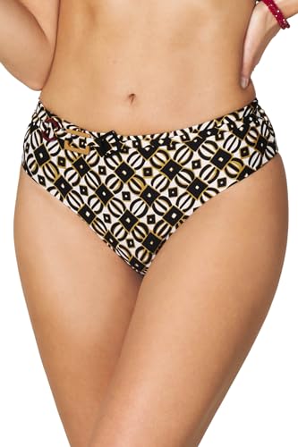 Goldenpoint Damen-Badeanzug Coast Deluxe, niedriger Teil des Bikini, hoher Hüftslip mit Gürtel aus Mikrofaser, Soft Touch, geometrisches Muster, Schwarz , M von goldenpoint