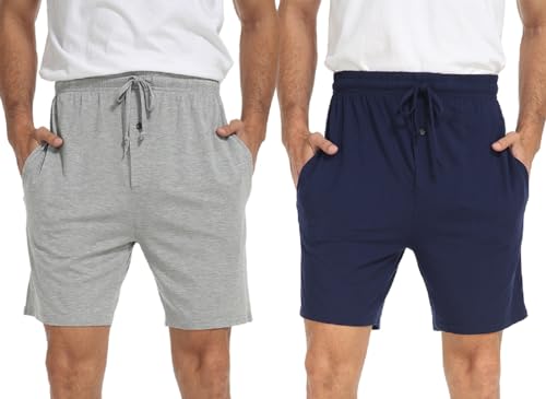 goodmansam 2er Pack Herren Kurz Schlafanzughose Leichte Pyjamahose Schlafshorts Weich Sommer Nachtwäsche Shorts, Licht Grau/Dunkel Blau, L von goodmansam