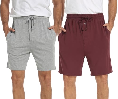 goodmansam 2er Pack Herren Kurz Schlafanzughose Leichte Pyjamahose Schlafshorts Weich Sommer Nachtwäsche Shorts, Licht Grau/Rot, XL von goodmansam