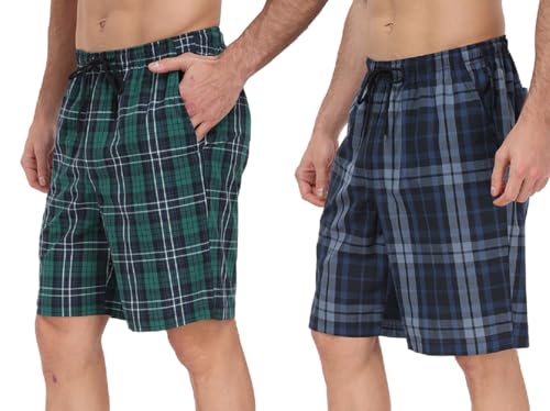 goodmansam Herren Schlafanzughose Kurz Baumwoll Kariert Pyjamahose Sommer weiche Nachtwäsche Schlafshorts mit Taschen verstellbare Taille, Grün Weiß/Schwarz Blau, XL von goodmansam