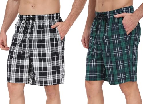 goodmansam Herren Schlafanzughose Kurz Baumwoll Kariert Pyjamahose Sommer weiche Nachtwäsche Schlafshorts mit Taschen verstellbare Taille, Schwarz Weiß/Grün Weiß, XL von goodmansam