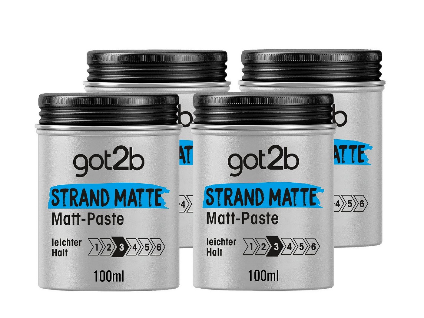 got2b Haarfestiger Strand Matte Matt-Paste, Spar-Pack, 4-tlg., für matte Surfer Looks, zum Strubbeln, Texturieren oder Zähmen ohne Verkleben, leichter Halt (4x 100 ml) von got2b