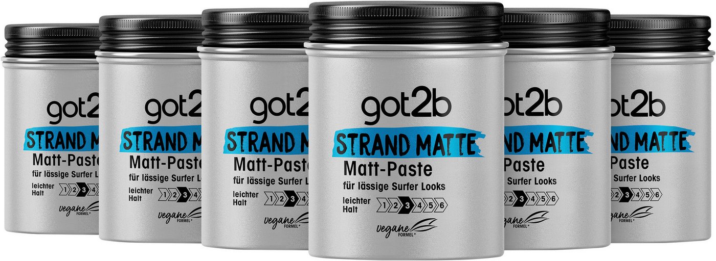 got2b Haarfestiger Strand Matte Matt-Paste, Spar-Pack, 6-tlg., für matte Surfer Looks, zum Strubbeln, Texturieren oder Zähmen ohne Verkleben, leichter Halt (6 x 100 ml) von got2b