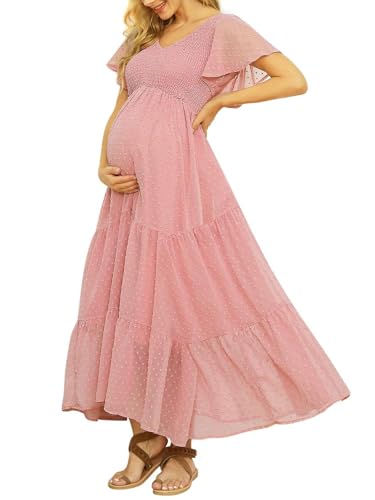 Swiss Dot Umstandskleid, V-Ausschnitt, Rüschenärmel, Umstandskleider für Fotoshooting, Babyparty, gesmoktes gestuftes Schwangerschaftskleid, B Pink, X-Groß Swiss Dot Umstandskleid, V-Ausschnitt, Rüschenärmel, Umstandskleider für Fotoshooting, Babyparty, gesmoktes gestuftes Schwangerschaftskleid, B Pink, X-Groß von guruixu