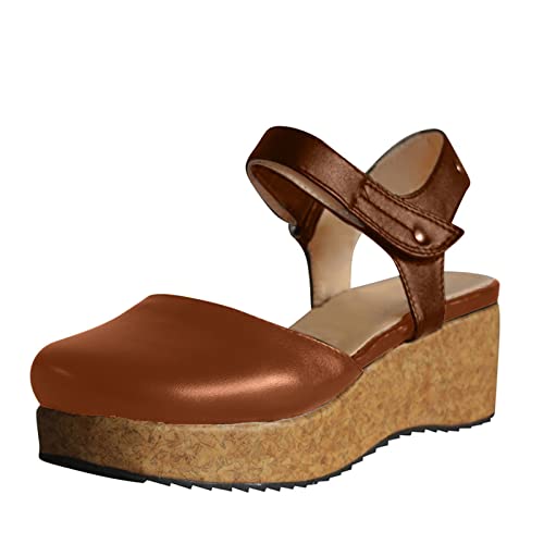 Business Schuhe Damen 42 Frauen Sandalen Keil Low Heel Roman Wedge Gummiband Geschnitzte Atmungsaktive Schuhe Dicke Sohlen Keile Lässige Sandalen Damen Weiße Schuhe Mit Plateau (Brown, 37) von hahuha