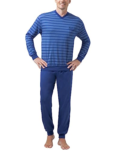 hajo Herren Schlafanzug Set - lang, Bündchen, V-Neck, Klima-Light, Cotton-Mix Blau 2XL von hajo