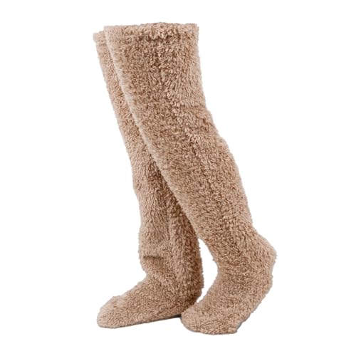 harayaa Overknee-hohe Fuzzy-Socken, oberschenkelhohe Socken, Plüsch-Slipper-Strümpfe, Beinwärmer für das Wohnzimmer, BRAUN, 90CM von harayaa