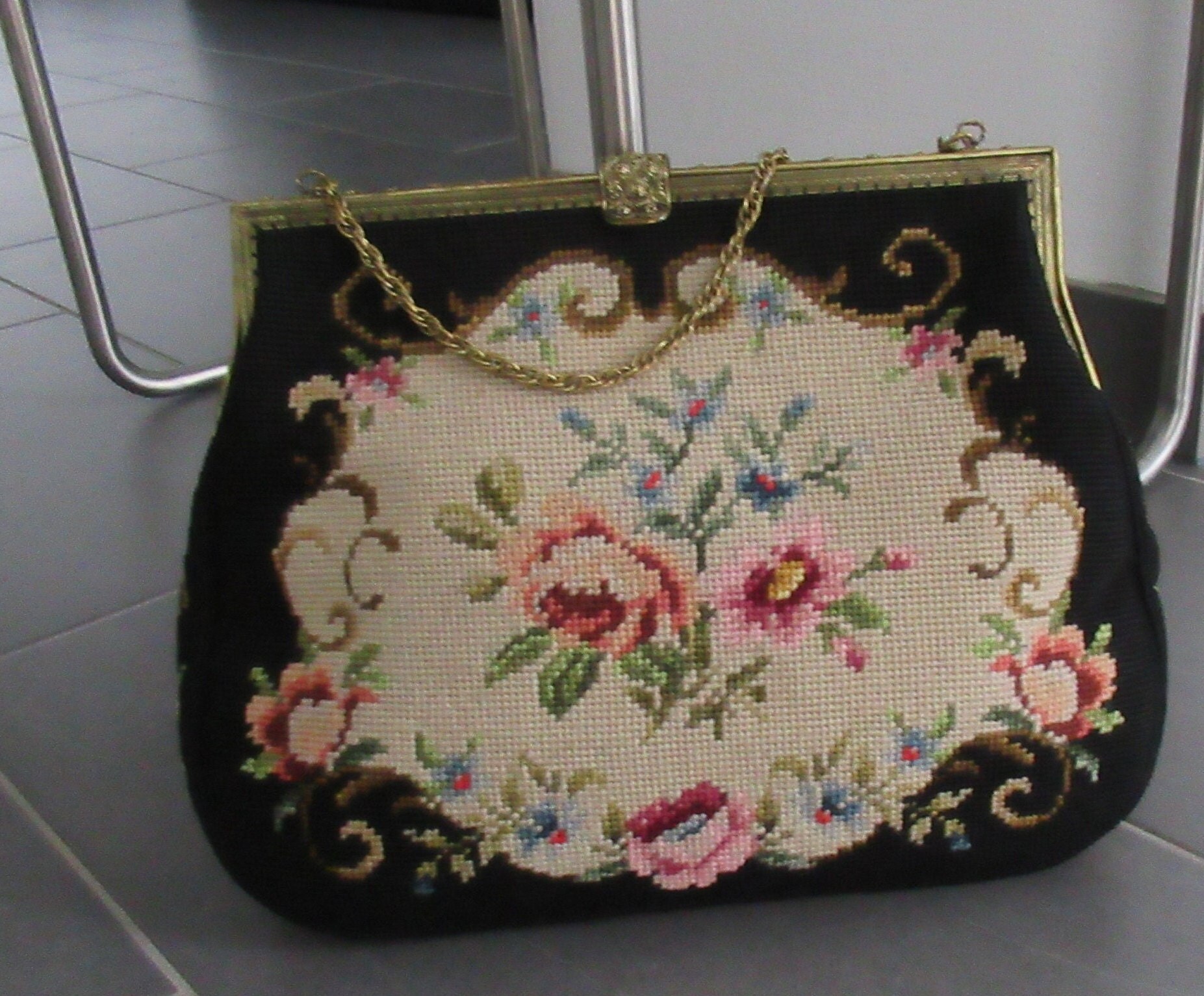 Vintage Nadelspitze Gobelin Handtasche Petit Point Schultertasche Sehr Groß 36 cm X 28 4 Schönes Geschenk von hard2findstuff