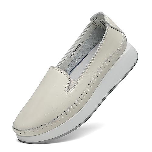 hecodi Damen Slip On Modische Sneaker Mit Perforiertem/Gestepptem Design, Handgefertigt Flachen Laufschuhen Einfarbig, Komfortabel, Beige EU-38 von hecodi