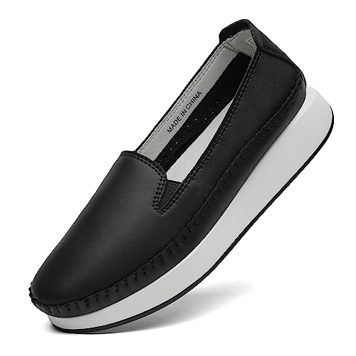 hecodi Damen Slip On Modische Sneaker Mit Perforiertem/Gestepptem Design, Plateau-Casual-Schuhen Und Flachen Laufschuhen Einfarbig, Komfortabel, Schwarz EU-42 von hecodi