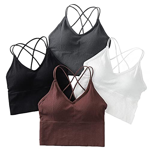 Sport BH Damen Bustier BH Ohne Bügel Sport Bra Top Spaghettiträger Cross Back Design Push up BH für Yoga Fitness (Schwarz+Grau+Weiß+Kaffee) von heekpek