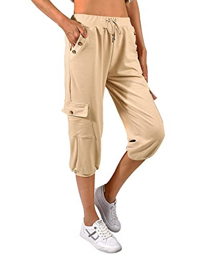 heekpek Caprihose Damen Sommer 3/4 Jogginghose Damen Kurze Sommerhose Leichter Casual Lose Elastischen Kordelzug Hose mit Tashen Freizeithosen Sweathose, Khaki, XL von heekpek