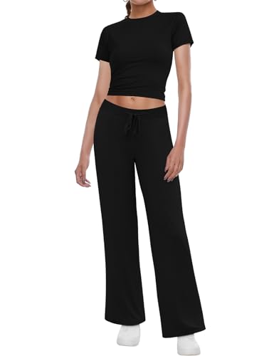 heekpek Damen Zweiteiler Sommer Hausanzug Freizeitanzug Weich Loungewear Damen Set Flare Hose und Kurzarm T Shirt Crop Top Bequem Reiseoutfit, Schwarz, M von heekpek