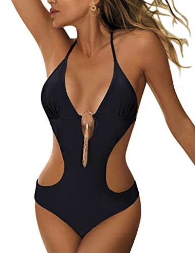 heekpek Einteiliger Badeanzug Damen V-Ausschnitt Sexy Neckholder Bikini Cut Out Triangel Bademode Damen, Schwarz 1#, S von heekpek