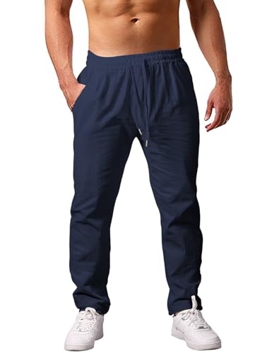 heekpek Hose Herren Casual Baumwolle Sommerhose Bequeme Hose Herren Leicht Loose Fit Freizeithose Strandhose Herren, Navy, L von heekpek