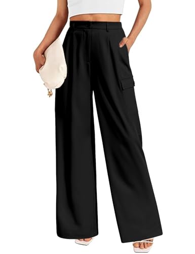 heekpek Hosen Damen Lockere Business Hose Weites Bein Freizeithose Hohe Taille Y2K Casual Stoffhose Damenhosen mit Gummibund und Tasche, Schwarz, L von heekpek