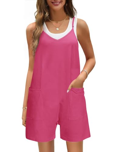 heekpek Jumpsuit Damen Kurz Sommer Ärmellos Locker Overall Kurzer V-Ausschnitt Spagettiträger Playsuit Lässiger Latzhose Damen mit Taschen, Rosa, M von heekpek