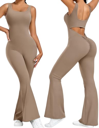 heekpek Jumpsuit Damen Lang Flared Ärmelloser Tank Top Rückenfrei Yoga Jumpsuit Damen Eng Sport Scrunch Butt Overall Elegant Ganzkörperanzug Damen Sexy, Khaki, L von heekpek