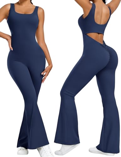 heekpek Jumpsuit Damen Lang Flared Ärmelloser Tank Top Rückenfrei Yoga Jumpsuit Damen Eng Sport Scrunch Butt Overall Elegant Ganzkörperanzug Damen Sexy, Marineblau, M von heekpek