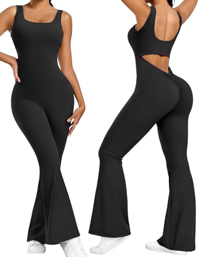 heekpek Jumpsuit Damen Lang Flared Ärmelloser Tank Top Rückenfrei Yoga Jumpsuit Damen Eng Sport Scrunch Butt Overall Elegant Ganzkörperanzug Damen Sexy, Schwarz, L von heekpek