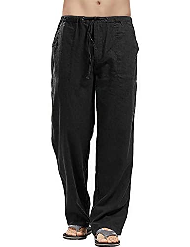 heekpek Leinenhose Herren Lang Leicht Sommerhose Herren Baumwoll Leinen Hose Regular Fit Gerade Hosen Freizeithose Strand Leinenhose Herren für Ferien, Schwarz, L von heekpek