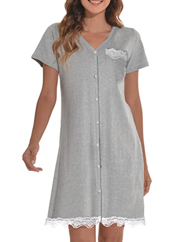 heekpek Nachthemd Damen Kurzarm Nachtwäsche Baumwoll V-Ausschnitt Bequeme Knopfleiste Sleepshirt Damen mit Spitze Saum Schwangerschaft Sleepshirt Loungewear, Grau, M von heekpek