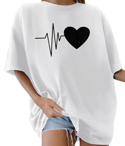 heekpek Oversized T-Shirt Damen Baumwolle Sommer T Shirt Damen Rundhals Kurzarm Locker Tshirt mit Aufdruck Lässig Sommershirt Oberteile Tops Sommer, Weiß, M von heekpek