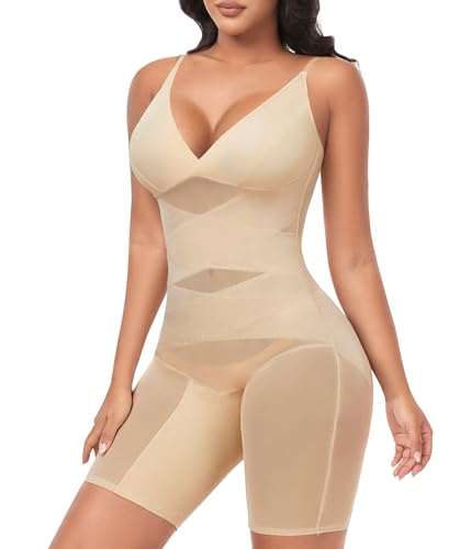 heekpek Shapewear Damen Bauchweg Body Shaper Tummy Control V-Ausschnitt Doppelschicht Mesh Tüll Atmungsaktiv Bodysuit Shapewear, Beige, L von heekpek