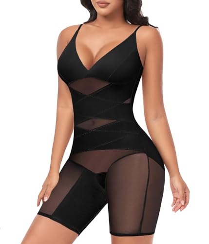 heekpek Shapewear Damen Bauchweg Body Shaper Tummy Control V-Ausschnitt Doppelschicht Mesh Tüll Atmungsaktiv Bodysuit Shapewear, Schwarz, M von heekpek