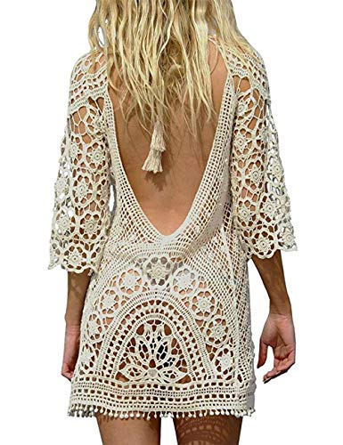 heekpek Strandkleid Damen Lang Elegant Damen Boho Rückenfrei Spitze Bikini Cover Up Strandkleid Sommerkleid (#2 Beige) von heekpek