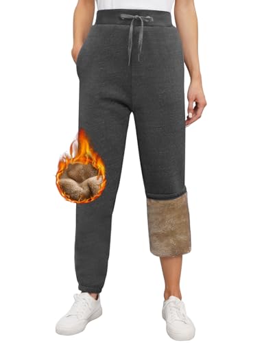 heekpek Warme Jogginghose Damen Winter mit Gefüttert Fleece Thermo Jogginghose Damen High Waist Basic Lounge Sweathose Damen Lang Freizeithosen, Dunkelgrau, S von heekpek