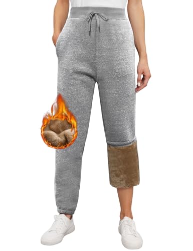 heekpek Warme Jogginghose Damen Winter mit Gefüttert Fleece Thermo Jogginghose Damen High Waist Basic Lounge Sweathose Damen Lang Freizeithosen, Hellgrau, L von heekpek