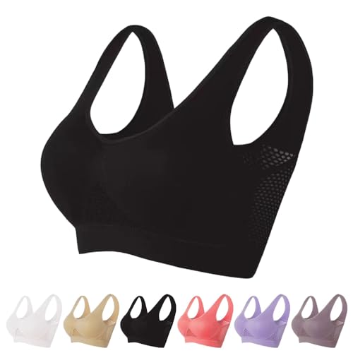 Sport BHS Damen Ohne Bügel, 2024 Neuer Atmungsaktiver Kühler Liftup Air BH, Seamless BH Rückenfreie und Leichter Starker Halt Sport BH Große Brüste für Alltag Yoga Fitness Outdoor (Schwarz, 4XL) von heepqy