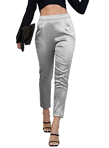 heipeiwa Damen Satin Hosen Kleid Casual Plissee Pull on High Waist Pants mit Taschen, Drapierung Silbergrau, M von heipeiwa