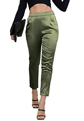 heipeiwa Damen Satin Hosen Kleid Casual Plissee Pull on High Waist Pants mit Taschen, Dunkelgrün, S von heipeiwa