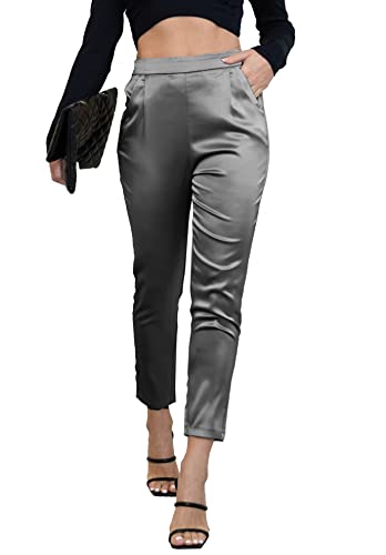 heipeiwa Damen Satin Hosen Kleid Casual Plissee Pull on High Waist Pants mit Taschen, Grau, Groß von heipeiwa