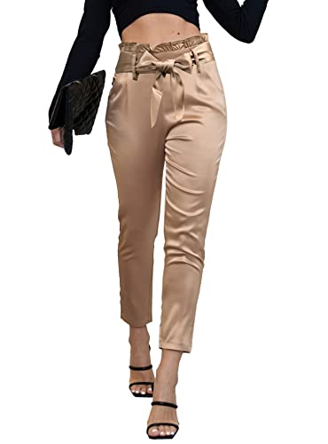 heipeiwa Damen Satin Hosen Kleid Casual Plissee Pull on High Waist Pants mit Taschen, Schleife, Taillenbund, X-Groß von heipeiwa