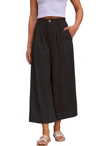 heipeiwa Damen Sommer-Caprihose, Baumwoll-Leinenhose, weites Bein, Palazzo-Culotte-Hose, Leinen, lässiges Kleid, fließende Hose, Palazzo Capri Linen Black, XX-Large von heipeiwa