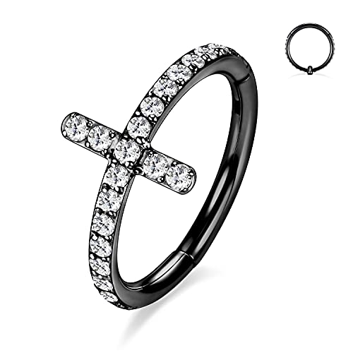 16G Kreuz Knorpel Ohrring Creolen Chirurgischer Stahl Daith Helix Conch 10mm Ohrringe CZ Tragus Turm Ohrringe Septum Clicker Ring Schmuck Nasenringe Balck Kleiner Creolenring für Frauen Männer von hengkaixuan