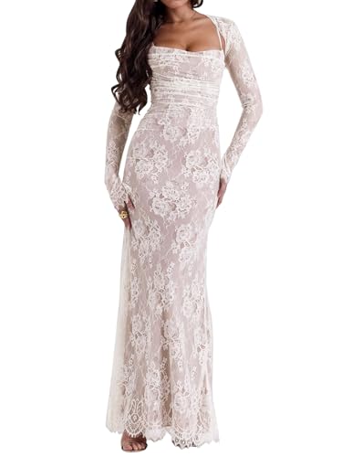 Damen Cami Spitze Maxikleid Romantisch Langarm Spitze Bodycon Kleider Elegant, Weiss/opulenter Garten, X-Klein Damen Cami Spitze Maxikleid Romantisch Langarm Spitze Bodycon Kleider Elegant, Weiss/opulenter Garten, X-Klein von hibshaby