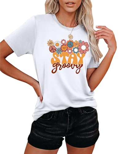 Damen T-Shirt Mit Blumendesign Hippie 60er 70er Jahre T-Shirt Sommer T-Shirt Tops Stay Groovy Shirt von hohololo