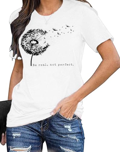 Pusteblume Shirt für Damen Blume Muster T-Shirt 'be real, not Perfect' Casual Shirts von hohololo