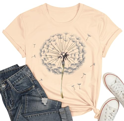 Pusteblume Shirts für Damen T-Shirt Mit Dandelion-Motiv Frauen Sommer Blume Muster Freizeit Kurzarm von hohololo