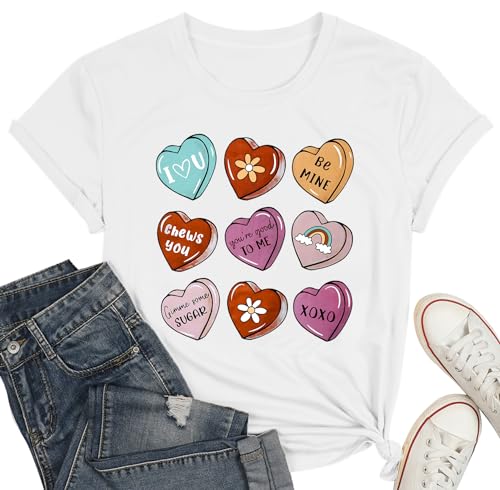 T-Shirt mit Herzmotiv, für Damen, Schokoladenherz, Valentinstags-T-Shirt, süßes Liebesherz, Weiß A, X-Large von hohololo